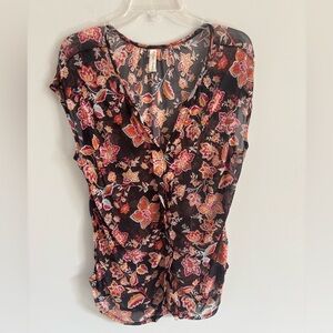 PerSeption Concept Black Floral V-Neck Cap Sleeve Sheer Boho Top Size Large